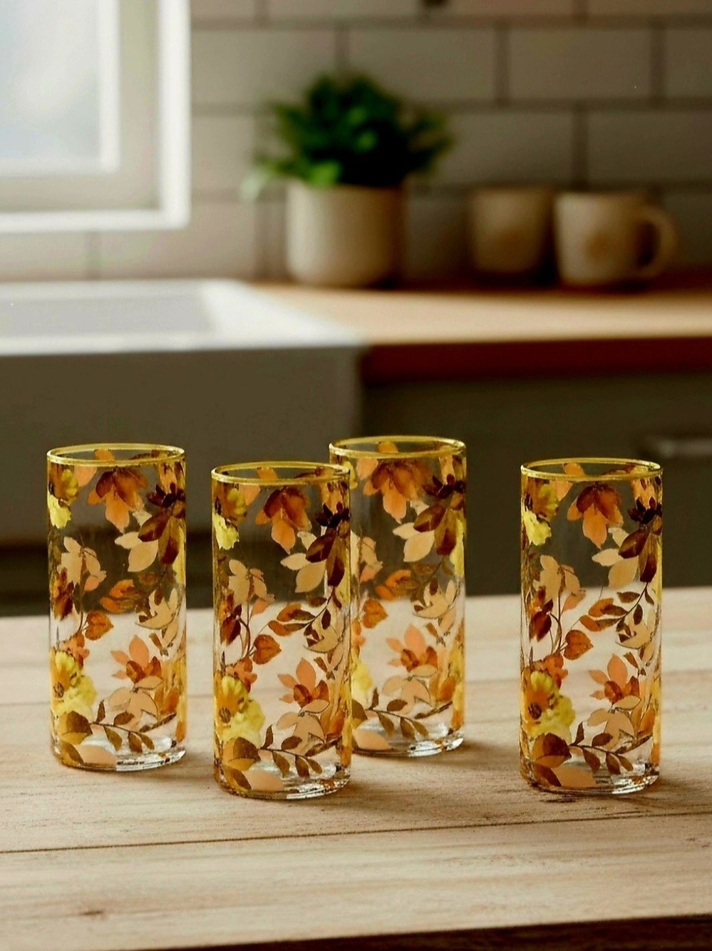 NEW MacKenzie-Childs Wild Rose Highball Glasses, hand-applied Floral Autumn Leaf